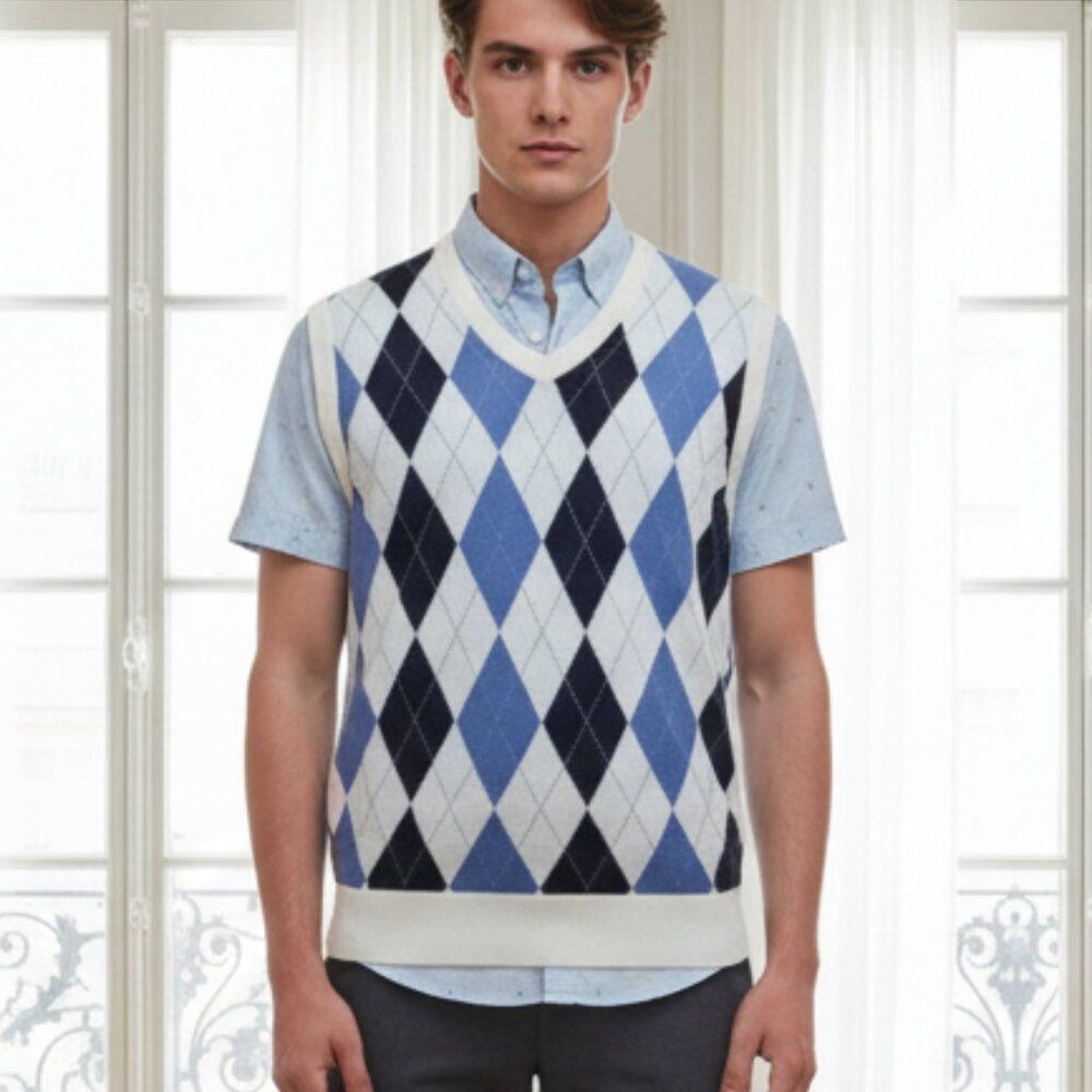 NWOT Saddlebred Men's Blue Cream Argyle Sweater Vest V-Neck Size Medium